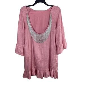 Boston Proper Dress Womens Large Pink Gold Striped Beaded Silver Fringe Low Back